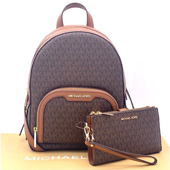 MICHAEL KORS JAYCEE MEDIUM BACKPACK & LARGE DOUBLE ZIP WALLET SET BROWN/GOLD - Picture 1 of 16
